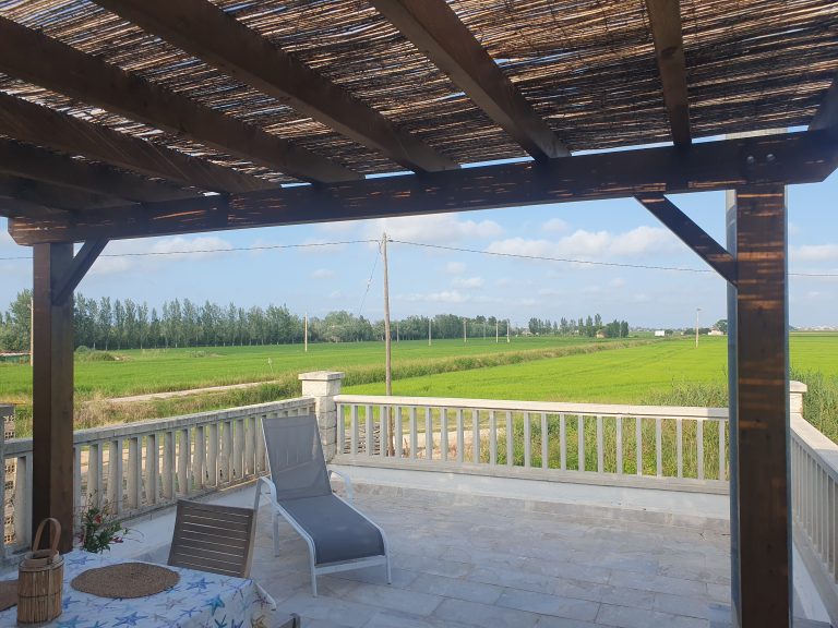 Terraza con pérgola y vistas a los arrozales en Casa DeltaNatura